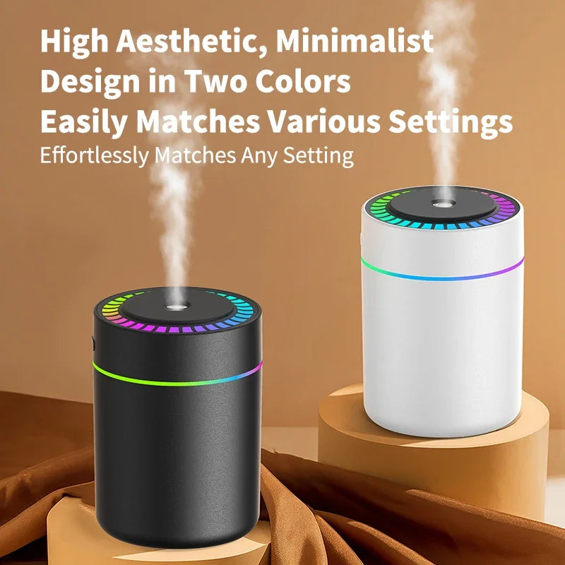 „Umidificator și difuzor de arome 180 ml cu alimentare USB Type-C. Ideal pentru casă, birou sau mașină, oferă pulverizare continuă sau intermitentă, oprire automată, lumină LED multicoloră și design compact. Perfect pentru aromaterapie, relaxare și un aer