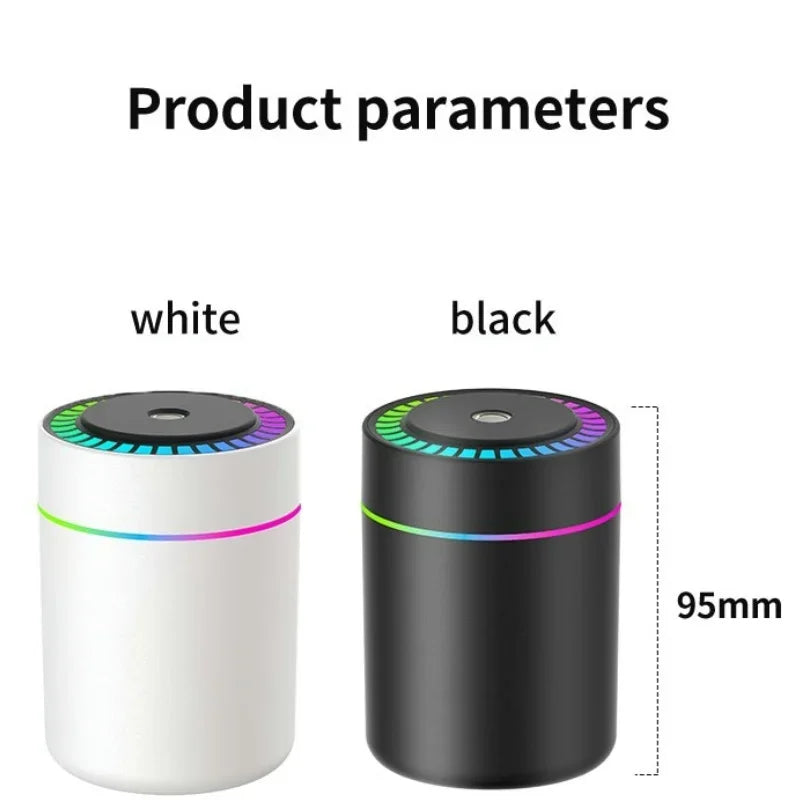 „Umidificator și difuzor de arome 180 ml cu alimentare USB Type-C. Ideal pentru casă, birou sau mașină, oferă pulverizare continuă sau intermitentă, oprire automată, lumină LED multicoloră și design compact. Perfect pentru aromaterapie, relaxare și un aer