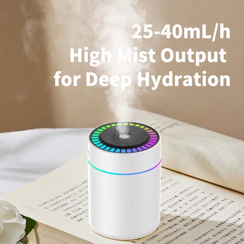 „Umidificator și difuzor de arome 180 ml cu alimentare USB Type-C. Ideal pentru casă, birou sau mașină, oferă pulverizare continuă sau intermitentă, oprire automată, lumină LED multicoloră și design compact. Perfect pentru aromaterapie, relaxare și un aer